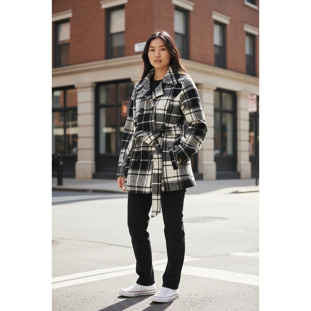 Vine & Valley Black White Plaid Double Breasted Belted Pea Coat Women's Medium